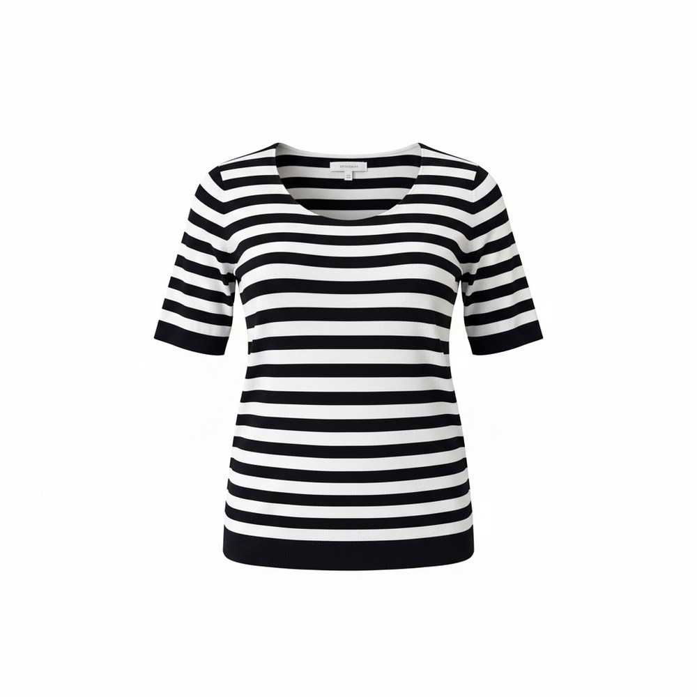 Talbots Womens XL Navy White Striped Short Sleeve Knit Top Scoop Neck Keyhole